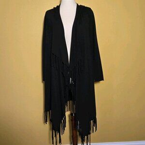 Kenar Black Hooded Long Cardigan Fringe Small Long Sleeved Boho Whimsygoth Wool